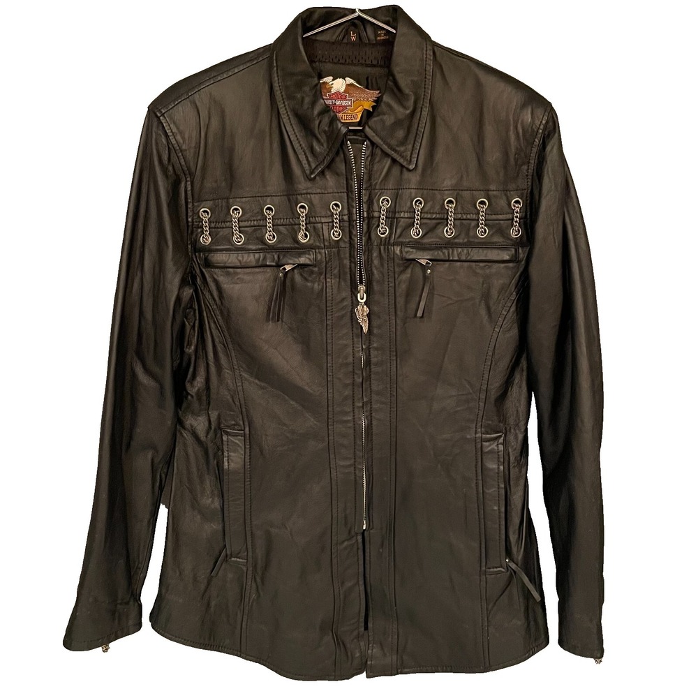 Harley-Davidson Leather Jacket Women's‎ Large Black Chain Moto Motorcycle Zip